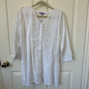 White Eyelet Button-Up Tunic Top 100% cotton